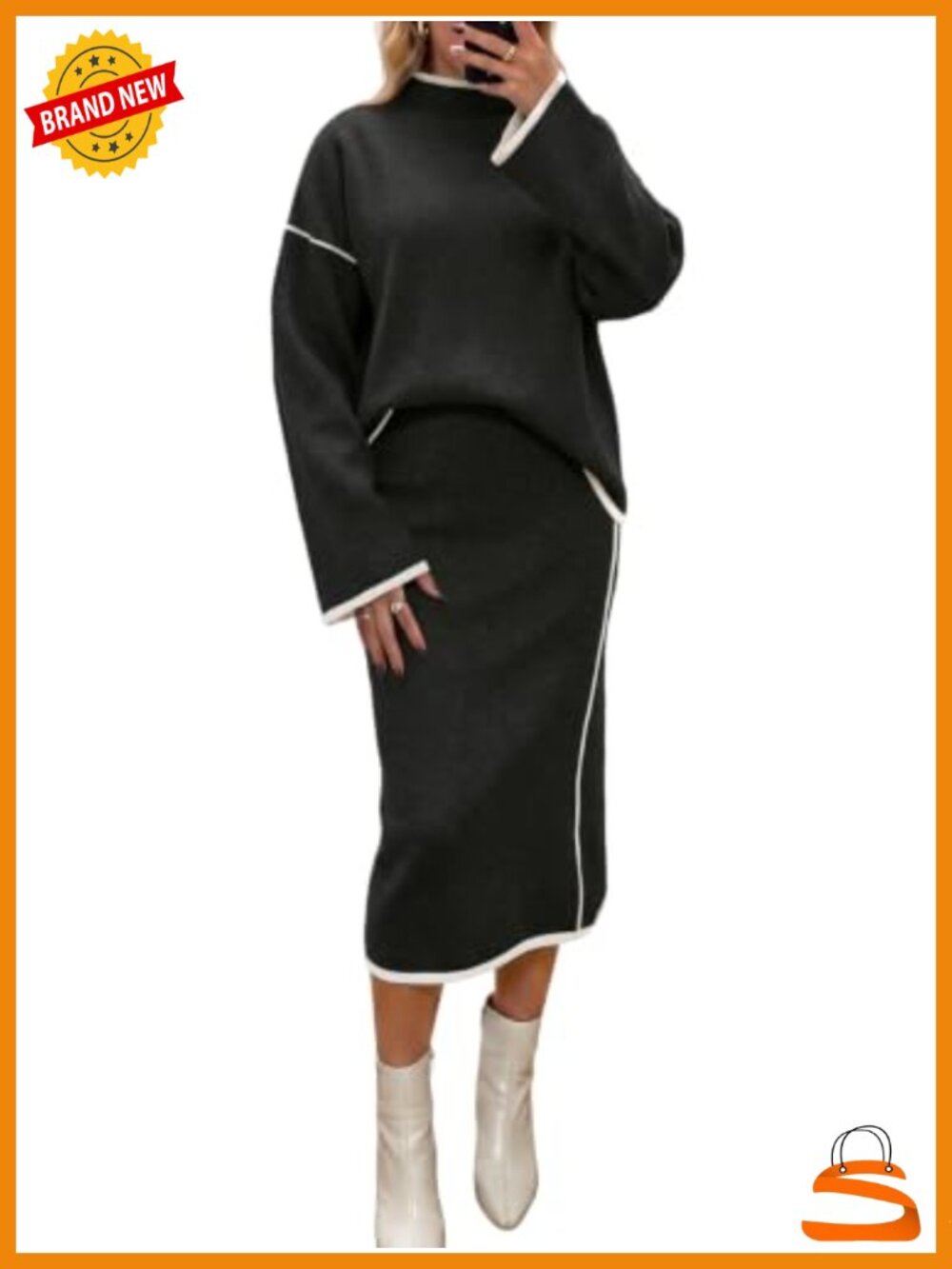 Womens 2 Piece Sweater Skirt Set Mock Neck Midi Skirt Fall Casual